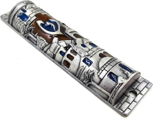 TALISMAN4U Silver Enamel Jewish MEZUZAH CASE with Scroll Jerusalem Israel Judaica Door Mezuza 4 Inch...