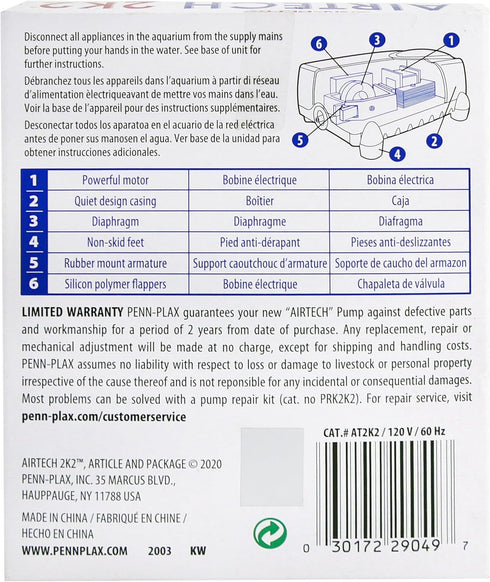 Penn-Plax Air-Tech Aquarium Air Pump | Quiet and Reliable | for Fish Tanks Up to 20 Gallons (AT2K2)...