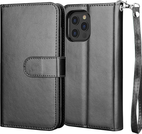 Njjex iPhone 12 Mini Wallet Case (2020), 5.4" with 9 Card Slots, PU Leather, Detachable Kickstand, Magnetic Cover & Lanyard - Black...