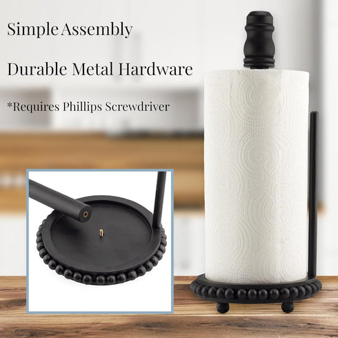 AuldHome Farmhouse Paper Towel Holder (Black); Wood Beaded Rustic Disposable Towel Dispenser for Countertop...