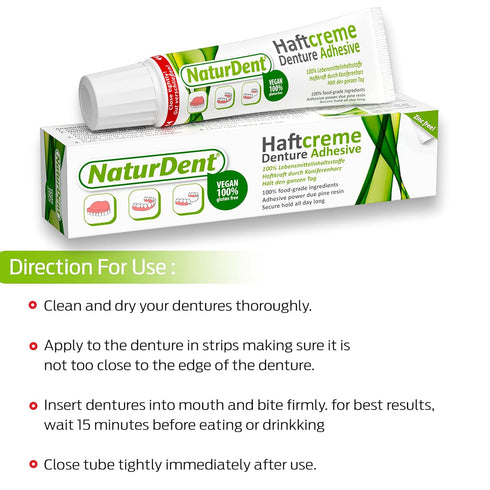 Natural Strong Denture Adhesive NaturDent holds Dentures Longer and Stronger No Zinc No Petrochemical No Paraben No Yucky Taste...