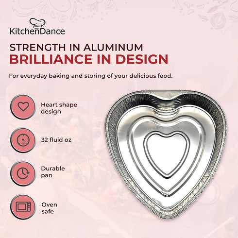 KitchenDance Disposable Aluminum Heart Shaped Cake Pan, 8 Inches, Without Lid - Perfect for Cakes, Chocolates, Baking, Storing, and Preparing Food...