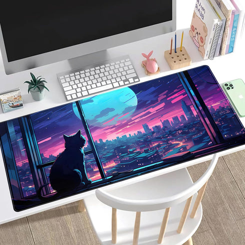 Cool Purple Kawaii Anime Moom Cat Desk Mat XXL Large Gaming Mouse Pad, Cute City Cats Desk Pad for Gamer Girl Women Office Desk Decor Mousepad, Co...