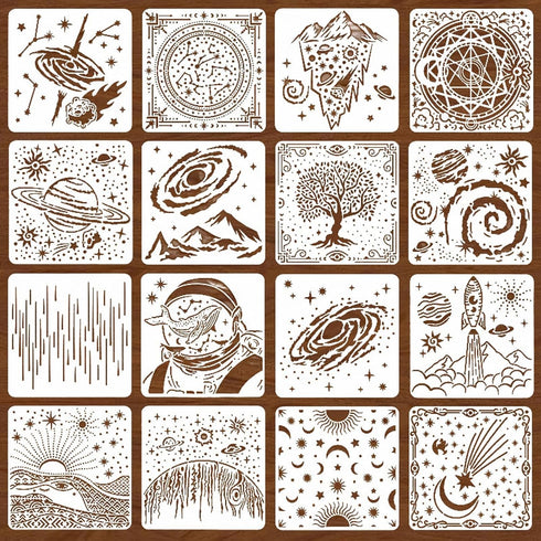 Sun Moon Stars Stencils Set (16 Designs, 6x6 in) | 16pcs Reusable Outer Space Stencils | Astronaut Universe Galaxy Planets Theme Drawing Templates...