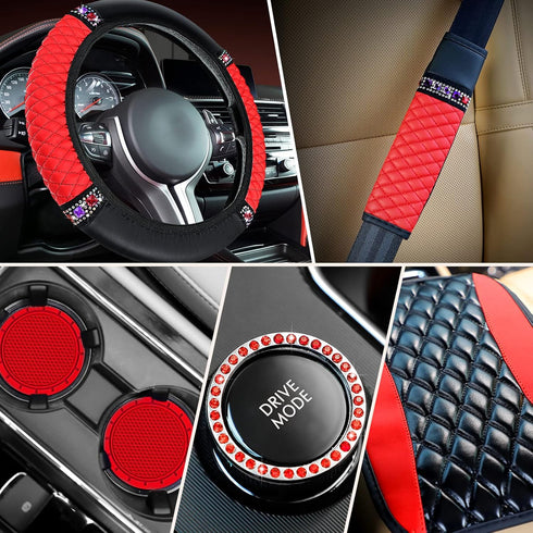 Bling Car Accessories Set Leather Diamond Steering Wheel Cover Bling Seat Belt Shoulder Pad Armrest Pad Crystal Car Decor Bling Car Cup Holders Tr...