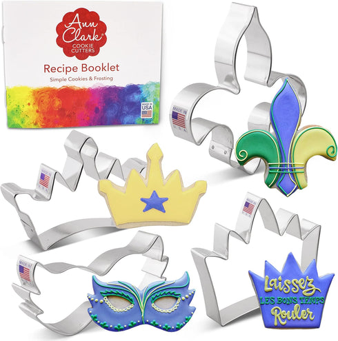 Mardi Gras New Orleans Cookie Cutters 4-Pc. Set Made in the USA by Ann Clark, King Crown, Princess Crown, Mask, Fleur de Lis...
