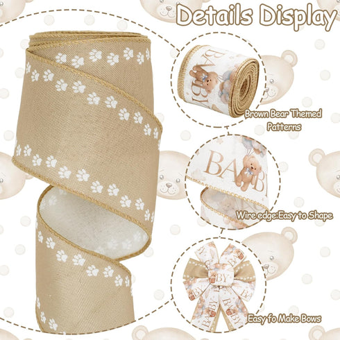 Baby Shower Wired Edge Ribbon Brown Bear Paw Craft Ribbon Fabric Ribbon for Wreath Bow DIY Crafts Wrapping Party Decor, 2 Rolls, 20 Yard...