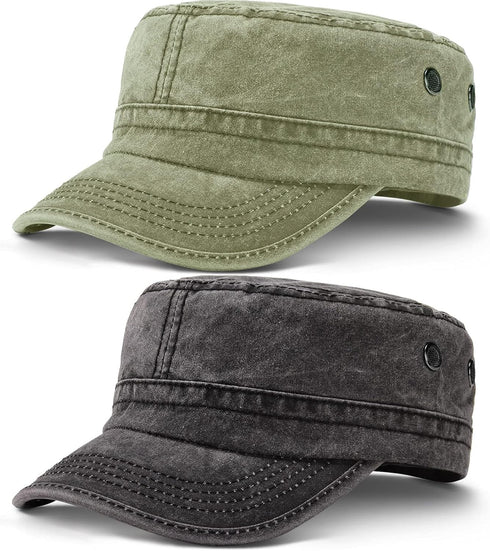 Geyoga Army Cap 2 Pieces Cadet Military Hat for Men Women Washed Cotton Flat Top Cap Unisex Outdoor Sports Casual Sun Hat...