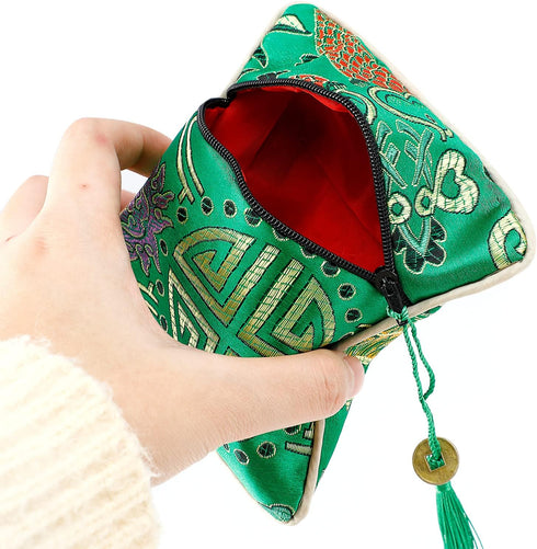 5PCS Jewelry Silk Purse Pouch, Chinese Silk Style Zipper Brocade Embroidered Bag for Women Coin Wallet (Green)...