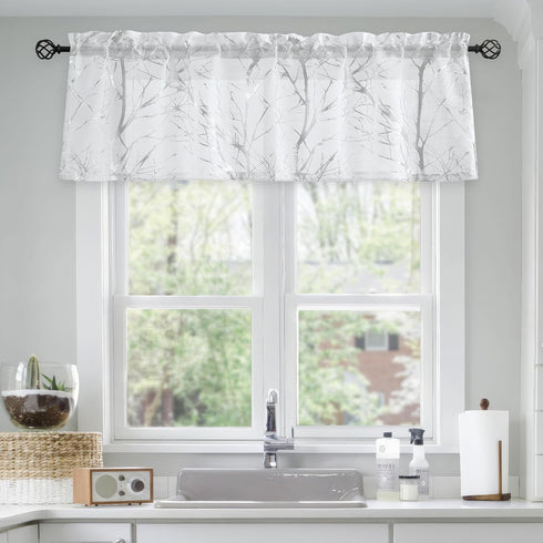 FMFUNCTEX Foil Silver Branch White Sheer Valance Curtain for Living Room Window 18 Inches Long Light Filtering Valance Curtain for Bathroom Kitche...