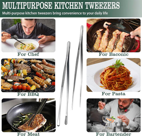 4 Pcs Kitchen Cooking tongs,12" & 10" Stainless Steel Kitchen tongs Set,Professional Food Tweezers for Cooking,Repairing,Seafood,BBQ...