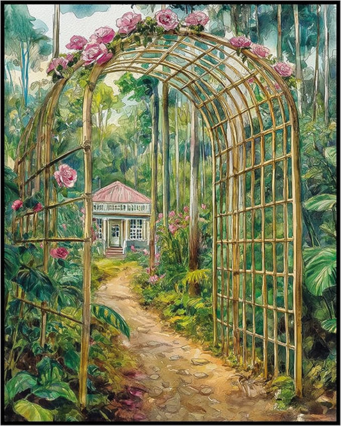 Posterizer 1 pcs-watercolor painting style-tranquil floral village backyard 2-Collectibles & Fine Art-Landscape & Nature Art- Gift for Men Women E...
