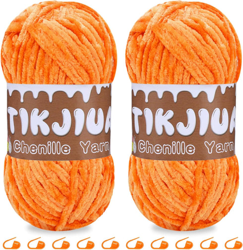 7OZ Orange Chunky Chenille Yarn, Crochet Chenille Yarn with Stitching Markers, Chunky Chenille Yarn for Blanket Pillow Sweater Knitting Scarf Weav...
