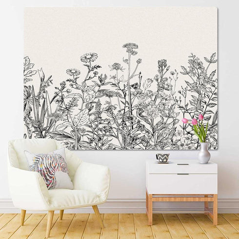 Emvency Tapestry Floral Border Herbs and Wild Flowers Botanical Engraving Style Black and White Home Decor Wall Hanging 50" x 60" Inches Print for...