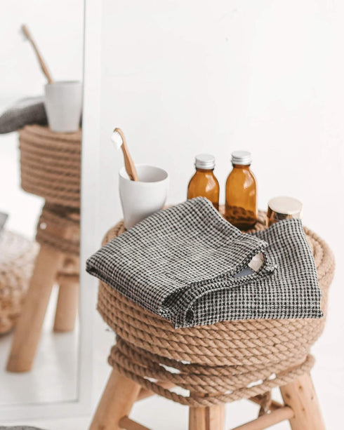 Pure 100% Linen Hand Towels - Set of 2 Linen Kitchen Towels Waffle Weave Black-Natural - 13 x 29-inch Soft Lightweight Stone-Washed Dish Towels - ...