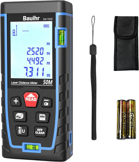 Laser Measure, Bauihr 165ft Laser Distance Meter, Portable Laser Measurement Tool with 2 Bubble Levels, Large Backlit LCD Display, Allowing Pythag...
