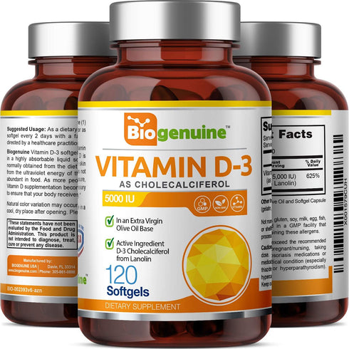 Vitamin D-3 5000 IU 120 Softgels - High-Potency in Extra Virgin Olive Oil Non-GMO Soy-Free - Supports Strong Bones Immune Health and K2...