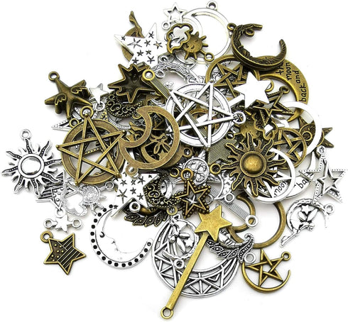 WOCRAFT 100g(About 76pcs) Craft Supplies Small Antique Bronze Silver Sun Moon Star Charms Pendants for Jewelry Making Findings Crafting Accessory ...