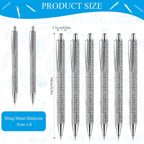 8 Pcs Rhinestone Pen Bling Diamond Pens Wedding Rhinestones Silver Metal Ballpoint Pens Fancy Sparkly Crystal Pens Retractable Black Ink Pen for W...