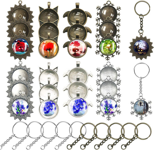 58 PCS Pendant Tray Kit, Seasonsky Pendant Trays Sun, Wing, Cat, Snowflakes with Glass Cabochon Blanks Clear Dome, 10 PCS Pendant Buckle for Photo...