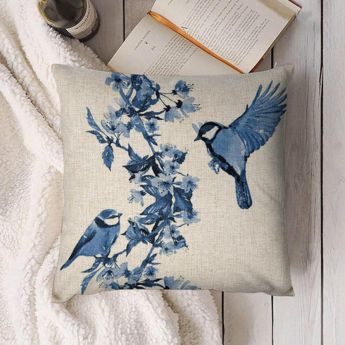 Chinoiserie Pillow Cover Blue Cherry Blossom and Birds Cotton Linen Decorative Throw Pillow Case Cushion Cover for Bedroom Sofa Living Room Couch ...