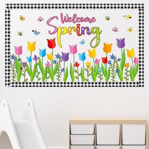 Tulip Bulletin Board Set Classroom Decorations Mother's Day Tulip Flowers Cutouts Welcome Spring Wall Decals Floral Bee Birds Butterfly Paper-Cuts...