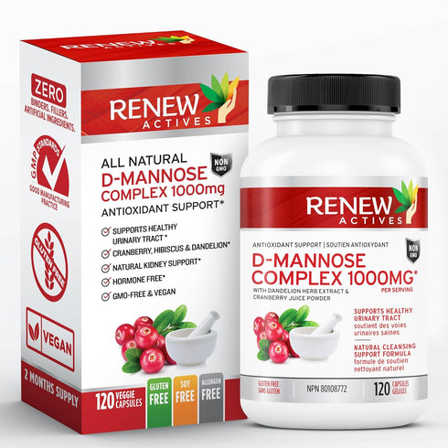 Renew Actives HIGH Potency D-Mannose & Cranberry Complex 1000MG – with Premium Hibiscus, Dandelion Herb Extracts – Antioxidant Support - NO Artifi...