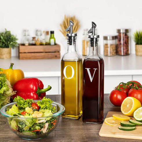 GREENOLIVE Olive Oil and Vinegar Dispenser Set - 17 oz. Glass Bottles with No-Drip BPA-Free Spouts - Stylish O and V Identifiers for Kitchen and D...
