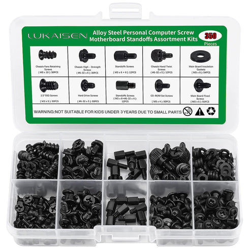 350PCS Computer Screws Assortment Kit, 6-32 Male to M3 Female Black Carbon Steel Motherboard Standoffs Screws for 2.5''SSD Hard Drive Fan Power Gr...