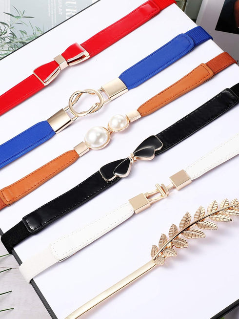 6 Pieces Women Skinny Waist Belts Stretch Waist Buckle Belts Thin Elastic Waist Cinch Belts Retro Faux Leather Waist Band with Metal Buckle for Wo...