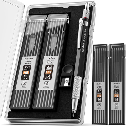 Nicpro 2mm Welder Mechanical Pencil Set with 24PCS Silver Refills, 2mm Metal Lead Holder, Carpenter Pencil with Sharpener for Welding, Cutting, Wo...