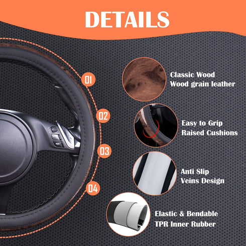 CAR PASS Wood Grain Microfiber Leather Steering Wheel Cover, Universal Fit for 14 1/2-15 inch Black Steering Wheel, Anti-Skip Veins Design,Cars, S...