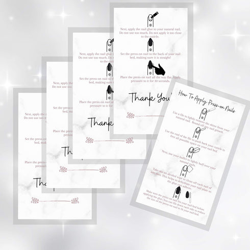 Press-On Nail Application Instructions Cards | 50 Pack | 2x3.5" inch Business Card Size | DIY Press-On Nail Kit | Marble with Rosey Gold Design...