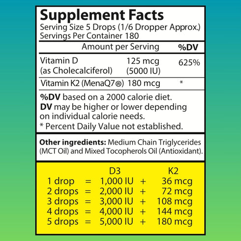 Liquid Vitamin D3 K2 Drops with MCT Oil 5000 IU - Vegan, No Taste, No Odor, Soy-Free, Gluten Free, Non-GMO, 1000 IU per Drop, Boosts Energy & Immu...
