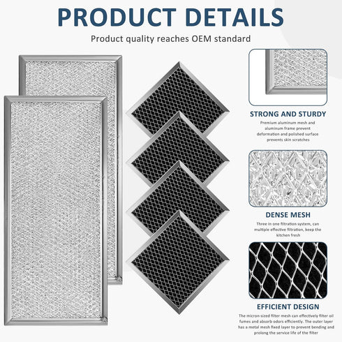 Fits for Whirlpool W10208631A Microwave Grease Filter - Approx 13" x 6" (2-Pack) & 8206230A Microwave Charcoal Filter by AMI PARTS (4-Pack)...