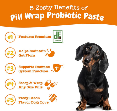 Zesty Paws Pill Wrap Probiotic Paste for Dogs - Immune & Digestive System Support - Bacon Flavor - with DE111 Bacillus subtilis - Pockets Any Pill...