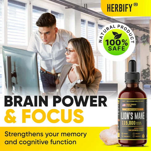 Lions Mane Supplement - Daily Mushroom Supplement for Memory, Focus & Clarity - Brain Booster - Lions Mane Tincture for Natural Immune Support - V...