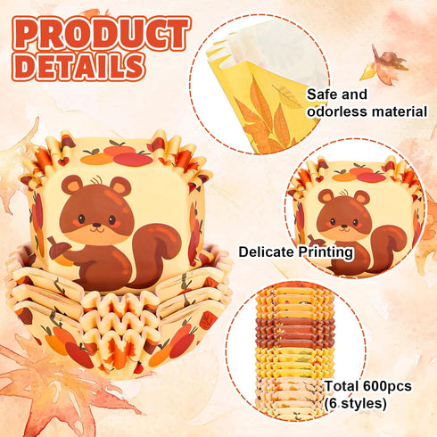 Whaline 600Pcs Fall Thanksgiving Autumn Mini Square Cupcake Liners Pumpkin Leaf Acorn Cupcake Wrappers Harvest Muffin Baking Cup for Holiday Weddi...