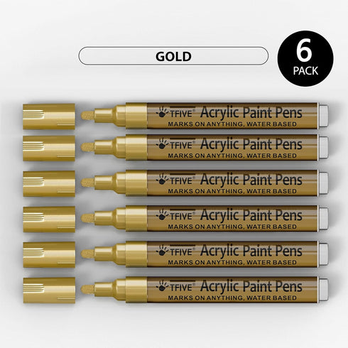 Gold Acrylic Paint Marker Pens - 2-3mm Medium Tip, 6 Pack Permanent Gold Water Based Paint Pen for DIY Projects, Paintings for Rock, Fabric, Wood,...