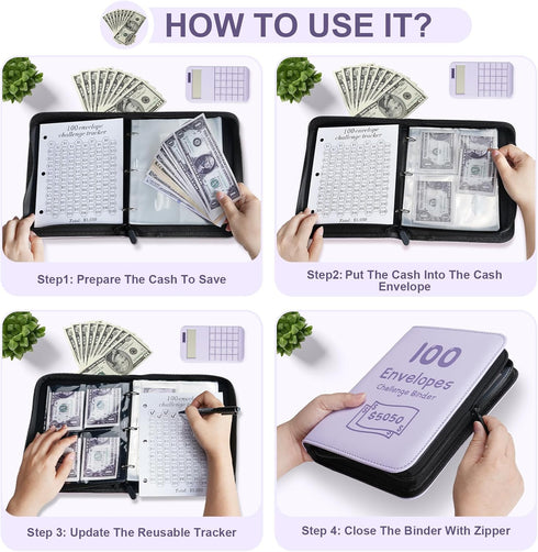 Winsing 100 Envelopes Money Saving Challenge Binder - A5 Budget Binder Savings Challenges Book With Cash Envelopes & Laminated Tracker To Save $5,...