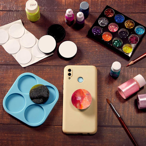 Phone Grip Mold 4 Circle Shape Epoxy Resin on Top Phone Grip Mold with 10 Pieces Blank Sublimation Holders Circle Silicone Molds for DIY Design(Bl...