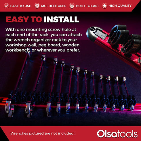 Olsa Tools Wall-Mounted Wrench Rack - Red Anodized Aluminum Rail with Black Clips - Stores 14 SAE or Metric Wrenches Securely - Professional Organ...