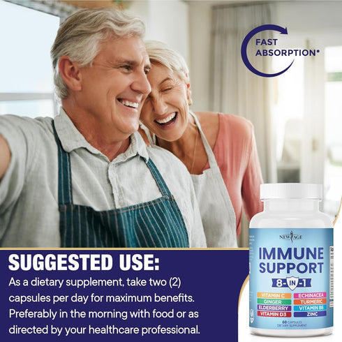 8 in 1 Immune Support Booster Supplement with Echinacea, Vitamin C and Zinc 50mg, Vitamin D 5000 IU, Turmeric Curcumin & Ginger, B6, Elderberry 60...