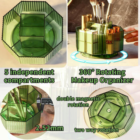 Makeup Brush Holder, 360° Rotating Makeup Organizer for Vanity with 5 Slot Large Capacity Spinning Cosmetic Display Case Skin Care Tray for Counte...