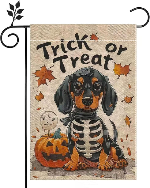 Halloween Garden Flags for Outside 12x18 Inch Double Sided Burlap, Trick or Treat Dachshund Garden Flag Halloween Dog Skeleton Decorations for Hom...