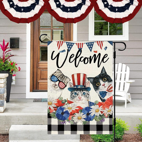 4th of July Patrioctic Cat Garden Flag 12x18 Inch Vertical Double Sided Welcome Floral Cat Memorial Day Independence Day Outside Yard Party Decora...