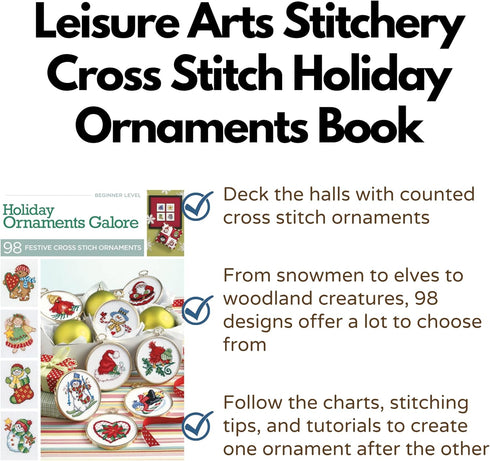 LEISURE ARTS Cross Stitch Holiday Ornaments Galor Cross Stitch Book- Cross stitch pattern kits from snowmen to elves to woodland creatures, 98 Chr...
