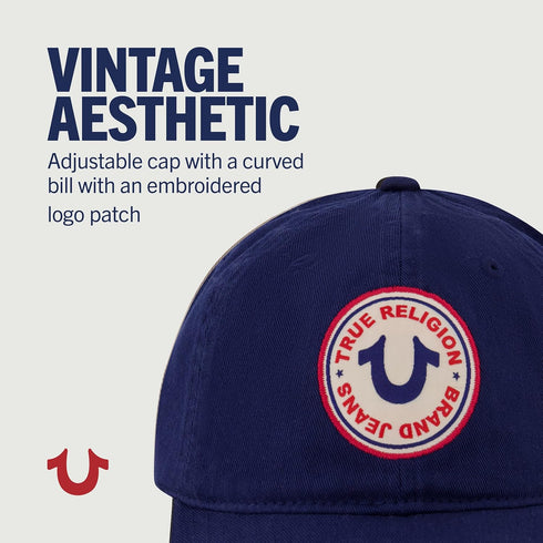 True Religion Kids Baseball Hat, 5 Panel Cotton Twill Adjustable Ball Cap with Round Woven Patch Logo, Navy, One Size...