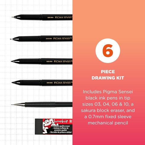 Sakura Pigma Sensei Manga Drawing Kit - Archival Black Ink Pens with Pencil & Eraser - Pens for Drawing Manga, Cartoon, & More - Assorted Nib Size...