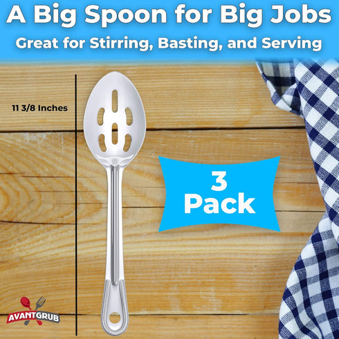 Super Strong, Ergonomic 11 in Serving Spoon 3 Pk. Big, Slotted Stainless Steel Spoons for Cooking, Baking and Basting. Best Kitchen Flatware for B...